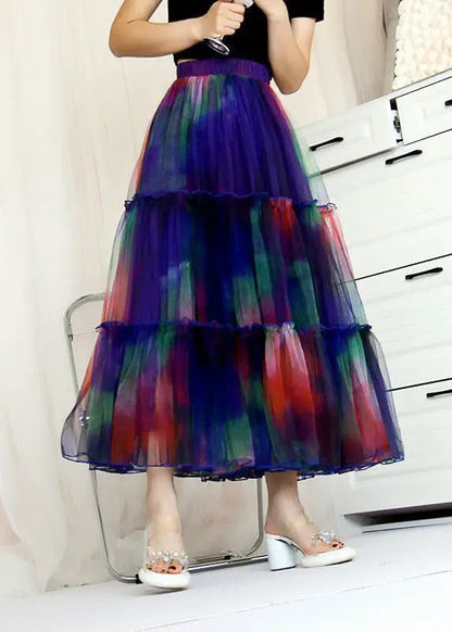 Bohemian Blue Ruffled Tie Dye Tulle Skirt Spring Ada Fashion