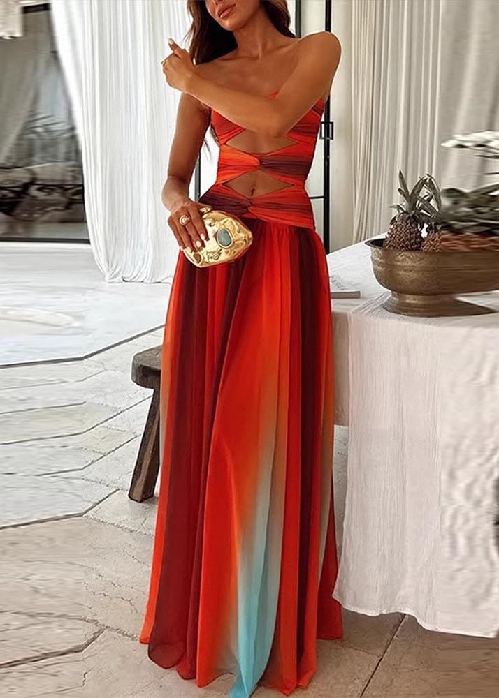 Hem Bohemian Large Exra Color Gradient Strapless Dress Chiffon