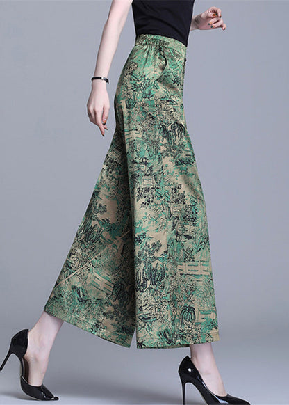 Bohemian Green High Waist Print Silk Wide Leg Pants Summer OO020