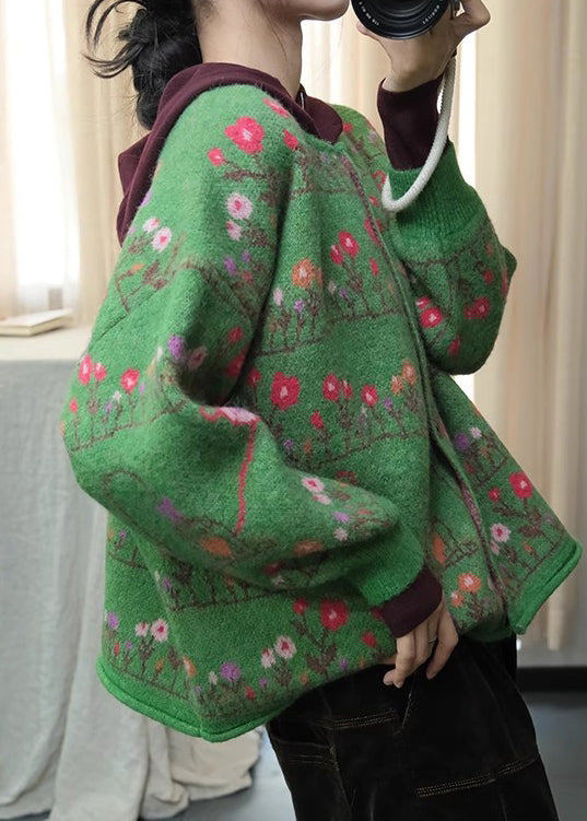 Bohemian Green O Neck Print Loose Knit Cardigans Spring TI003