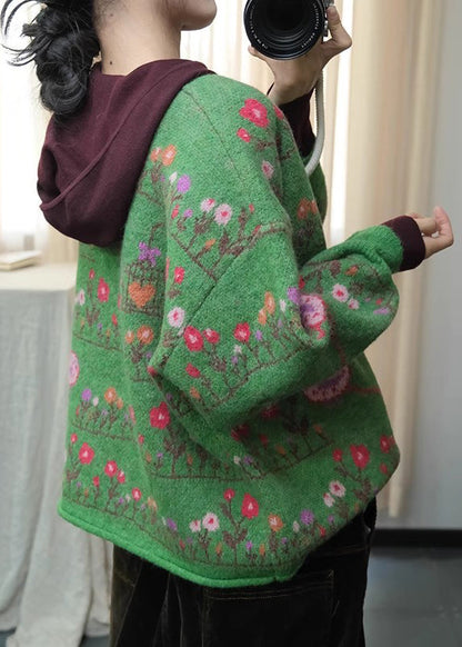 Bohemian Green O Neck Print Loose Knit Cardigans Spring TI003