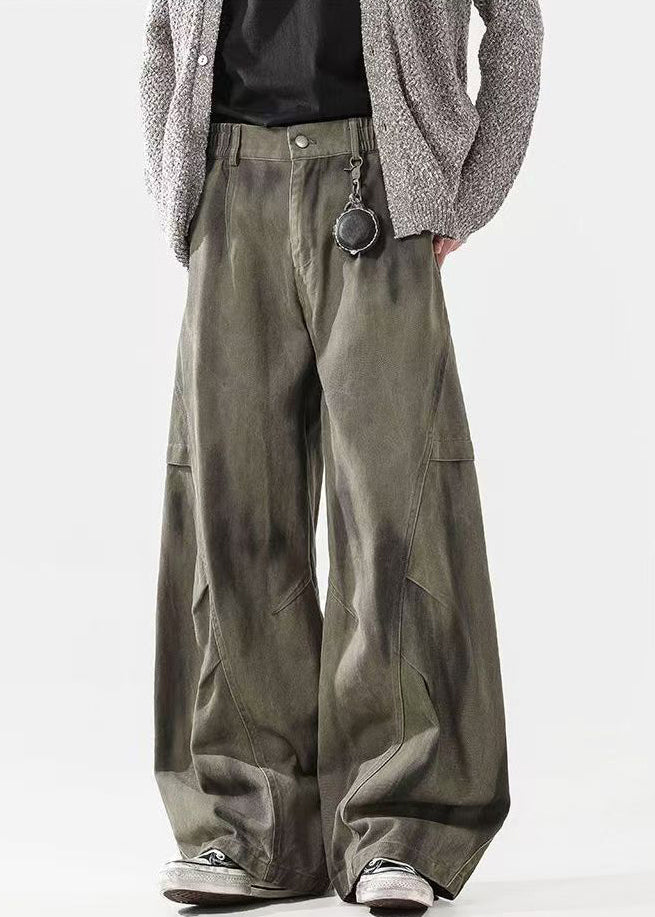 Pantalon homme taille élastique coton teinture froissé cravate vert bohème