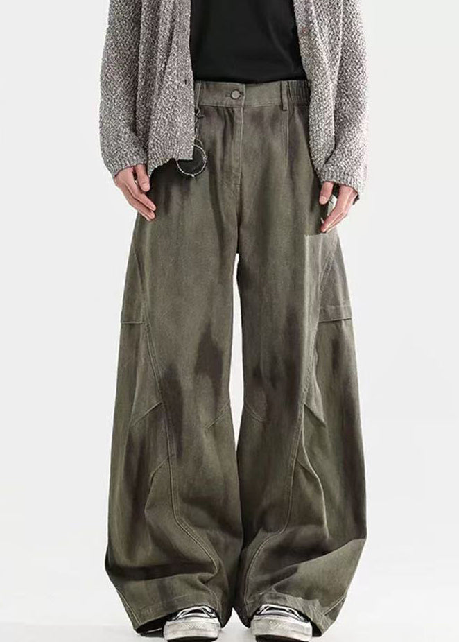 Pantalon homme taille élastique coton teinture froissé cravate vert bohème