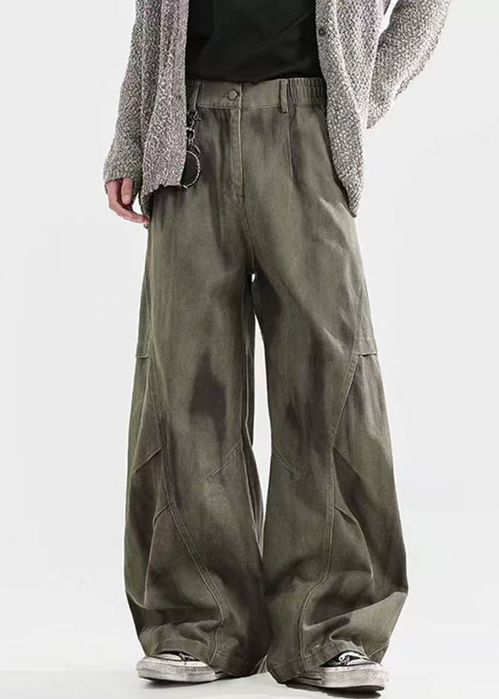 Pantalon homme taille élastique coton teinture froissé cravate vert bohème