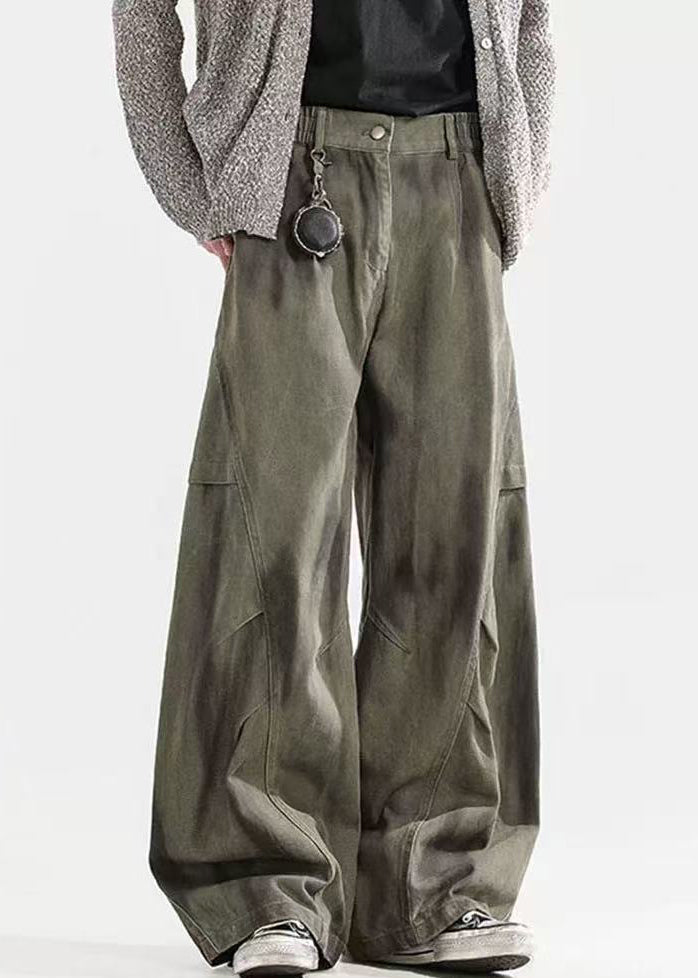 Pantalon homme taille élastique coton teinture froissé cravate vert bohème