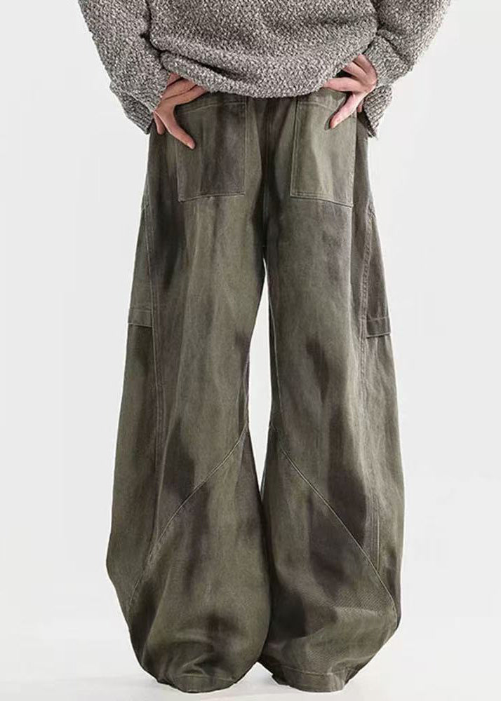 Pantalon homme taille élastique coton teinture froissé cravate vert bohème