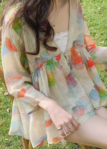 Bohemian Green V Neck Print Plus Size Linen Shirt Bracelet Sleeve FF017