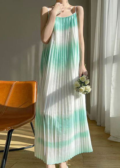 Bohemian Green Wrinkled Cotton Spaghetti Strap Dress Sleeveless AB1016