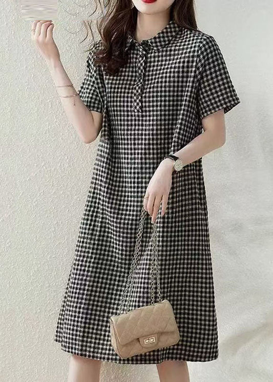 Robe Col Été Lin Plaid Bohème Peter Gris Vacances Pan