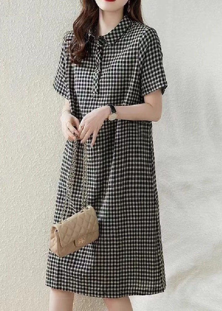 Dress Collar Summer Linen Plaid Bohemian Peter Grey Vacation Pan