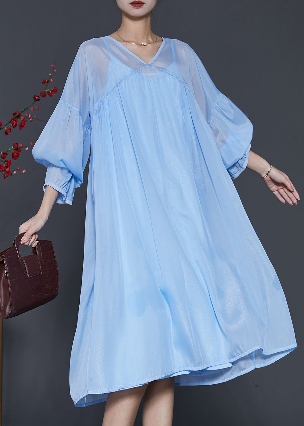 Böhmisches, drapiertes Chiffonkleid in Seeblau, zweiteiliges Set mit Laternenärmeln, SD1040