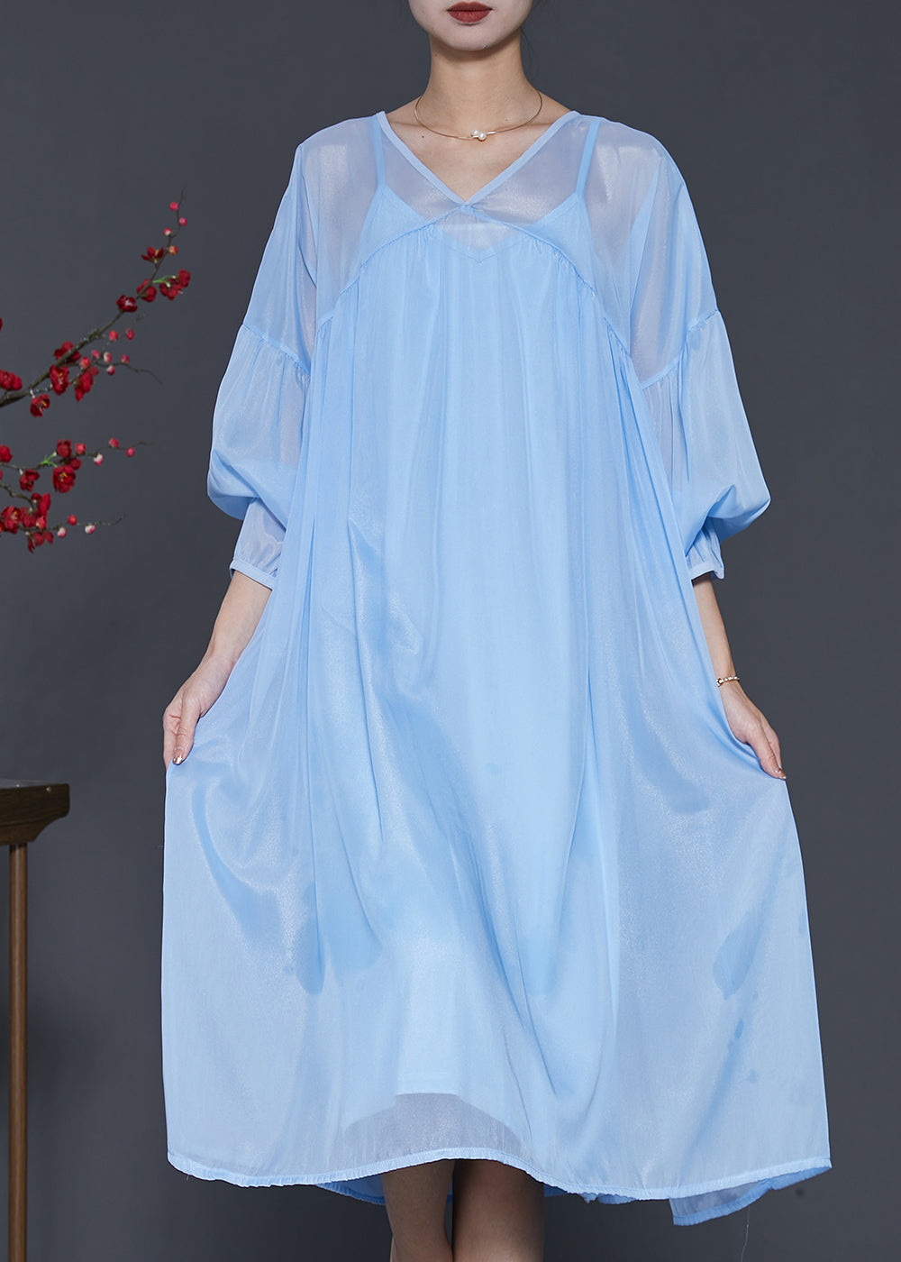 Böhmisches, drapiertes Chiffonkleid in Seeblau, zweiteiliges Set mit Laternenärmeln, SD1040