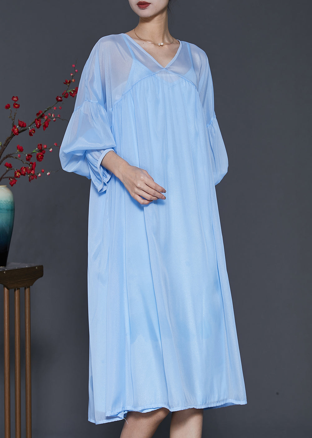 Bohemian Lake Blue Draping Chiffon Dress Two Piece Set Lantern Sleeve SD1040