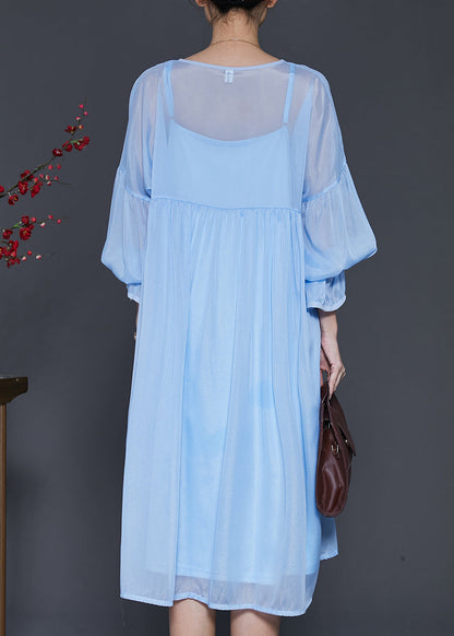 Bohemian Lake Blue Draping Chiffon Dress Two Piece Set Lantern Sleeve SD1040