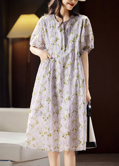 Bohemian Light Purple Print Patchwork Cotton Holiday Long Dress Puff Sleeve WW029