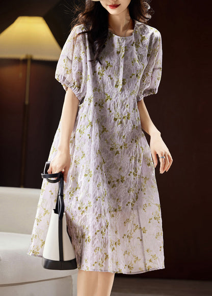 Bohemian Light Purple Print Patchwork Cotton Holiday Long Dress Puff Sleeve WW029