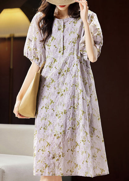 Bohemian Light Purple Print Patchwork Cotton Holiday Long Dress Puff Sleeve WW029