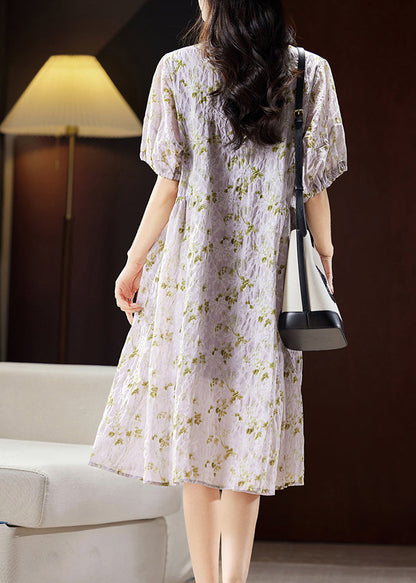 Bohemian Light Purple Print Patchwork Cotton Holiday Long Dress Puff Sleeve WW029