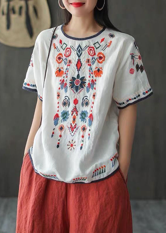 Bohemian Lose Weiß Bestickte Baumwolle T Shirt Sommer TN016