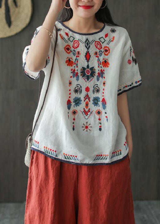 Bohemian Lose Weiß Bestickte Baumwolle T Shirt Sommer TN016