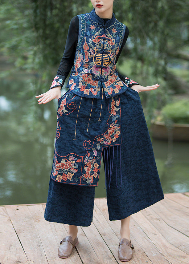 Bohemian Navy Bestickte Patchwork Baumwolle Crop Pants Sommer QQ1017