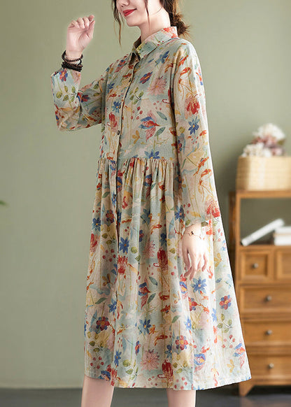 Bohemian Peter Pan Collar Print Wrinkled Cotton Dress Fall QO054