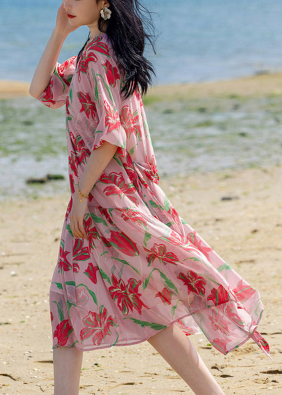 Robe longue de vacances en mousseline de soie à imprimé patchwork rose bohème été WW020