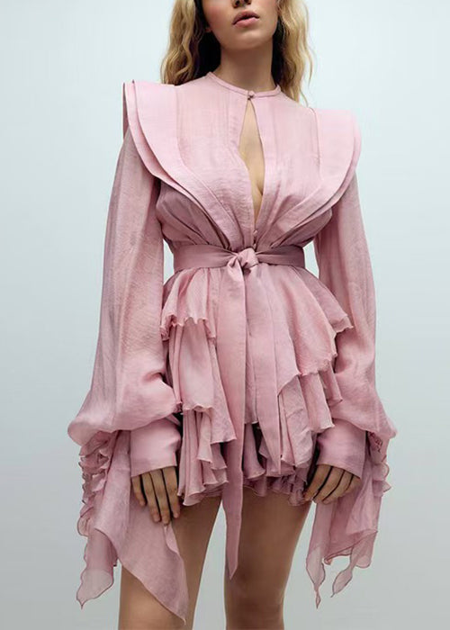 Cotton Lantern Pink Bohemian Mini Dress Sleeve Ruffled