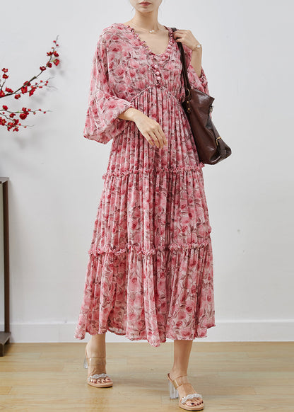 Bohemian Pink Ruffled Print Chiffon Maxi Dresses Lantern Sleeve AP1064