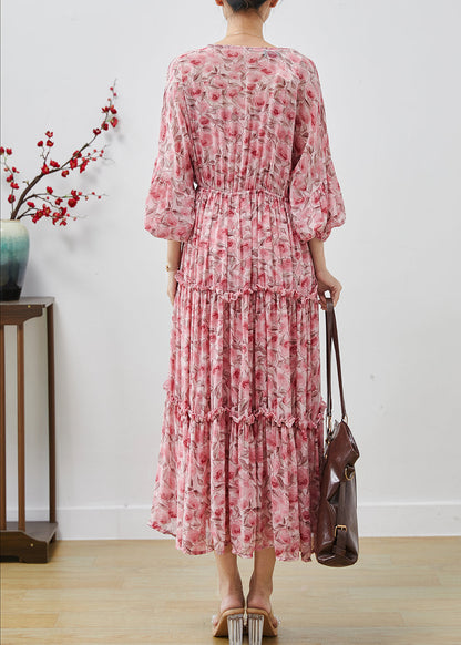 Bohemian Pink Ruffled Print Chiffon Maxi Dresses Lantern Sleeve AP1064