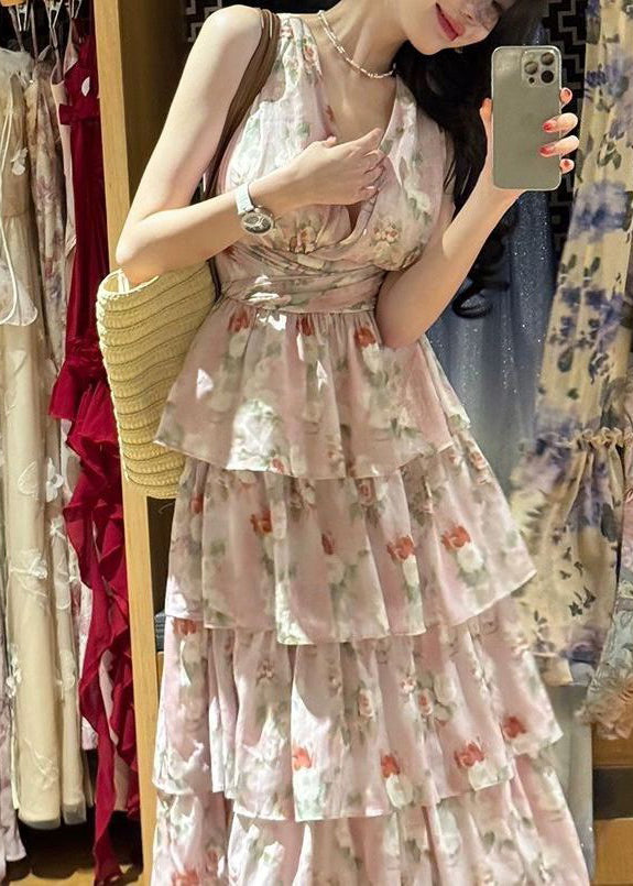 Bohemian Pink V Neck Print Chiffon Long Dresses Sleeveless ZL025