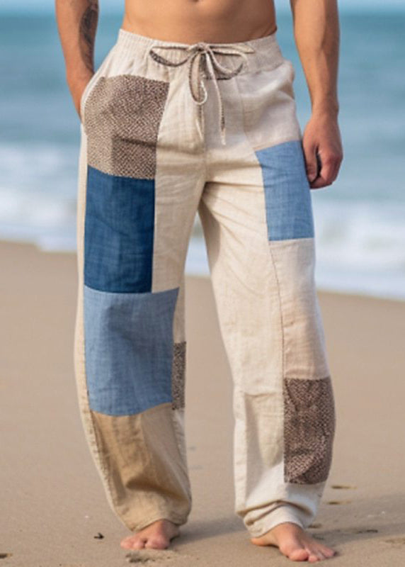 Summer Bohemian Asymmetrical Pants Mens Patchwork Plaid Cotton