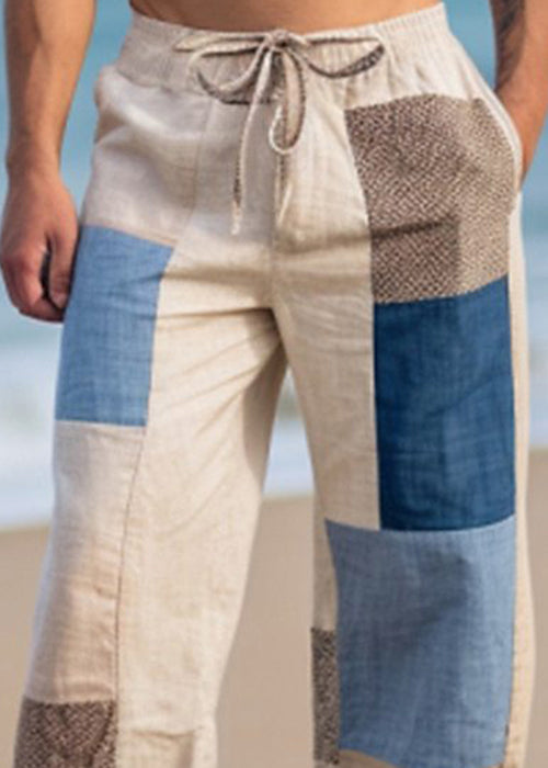 Summer Bohemian Asymmetrical Pants Mens Patchwork Plaid Cotton