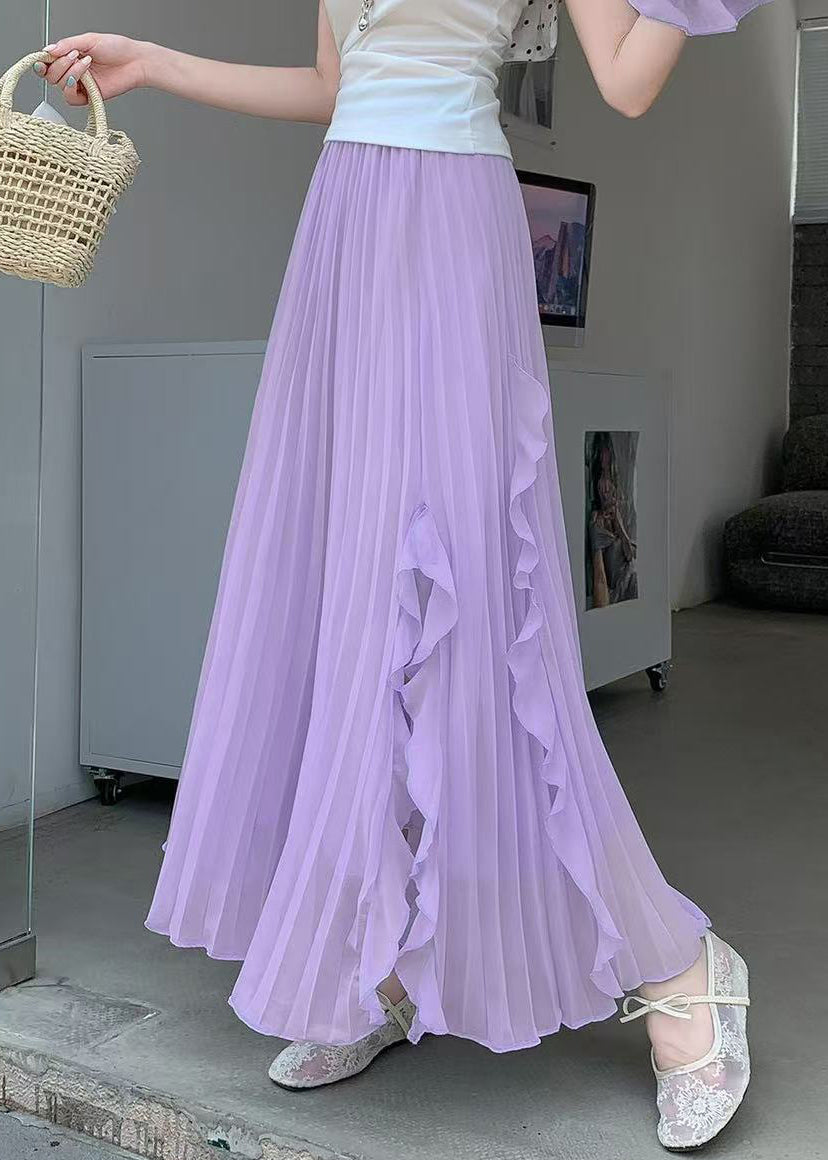 Summer Ruffled Elastic Bohemian Skirts Purple Waist Chiffon