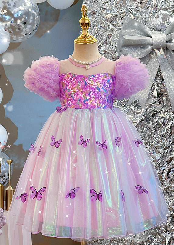 Robe bohème violette en tulle à paillettes et manches bouffantes pour fille TT036