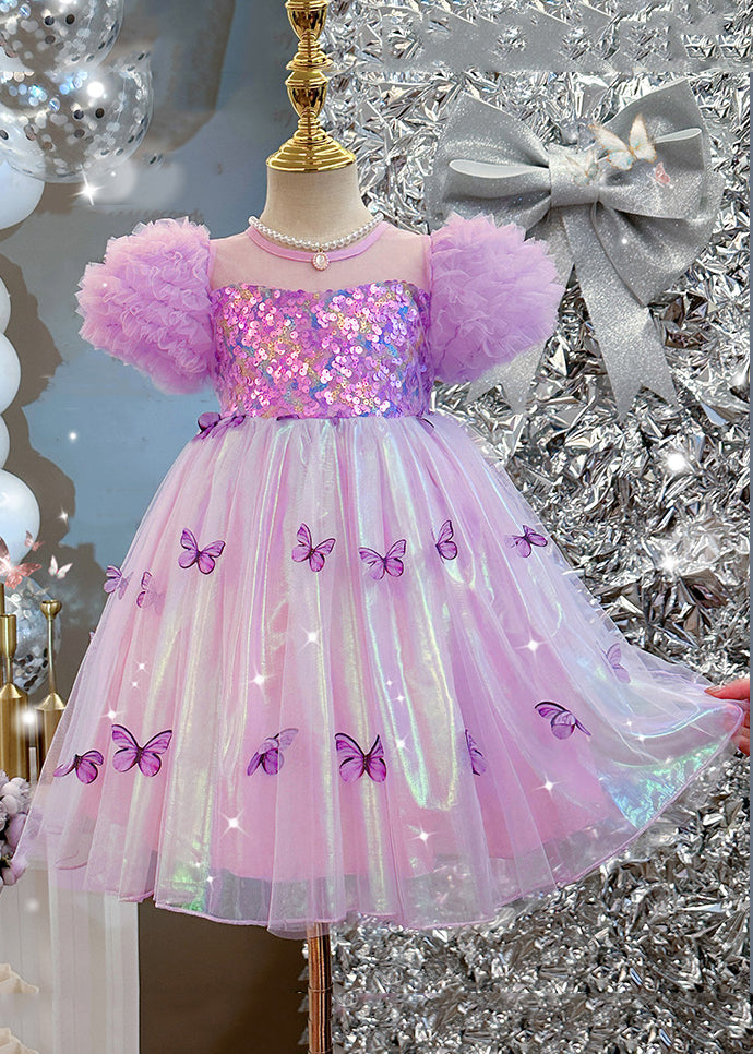 Robe bohème violette en tulle à paillettes et manches bouffantes pour fille TT036