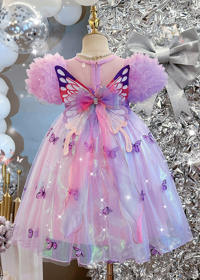 Robe bohème violette en tulle à paillettes et manches bouffantes pour fille TT036