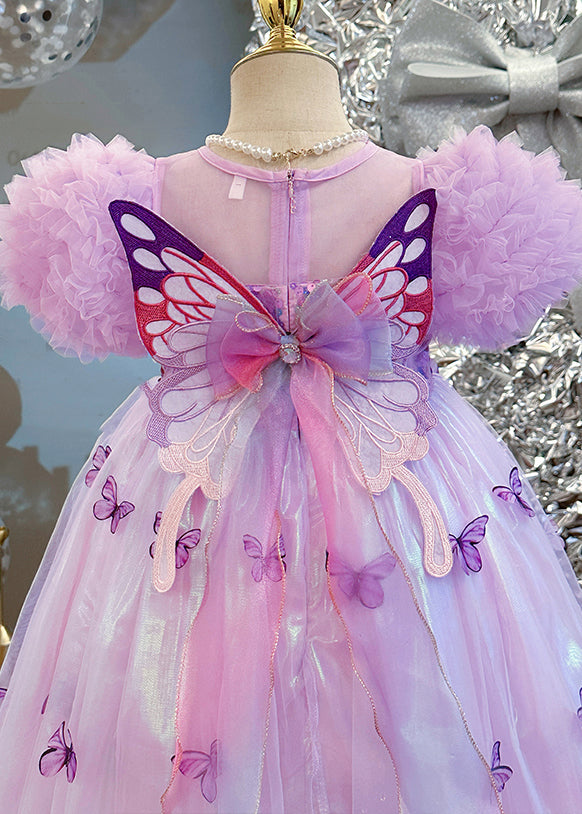 Robe bohème violette en tulle à paillettes et manches bouffantes pour fille TT036