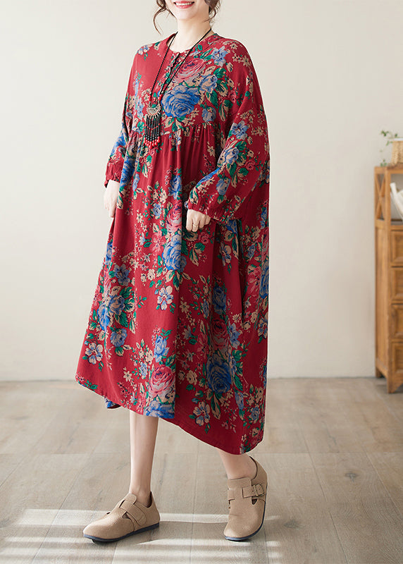 Robe en coton froissée à imprimé bohème rouge à col rond grande taille été AP077