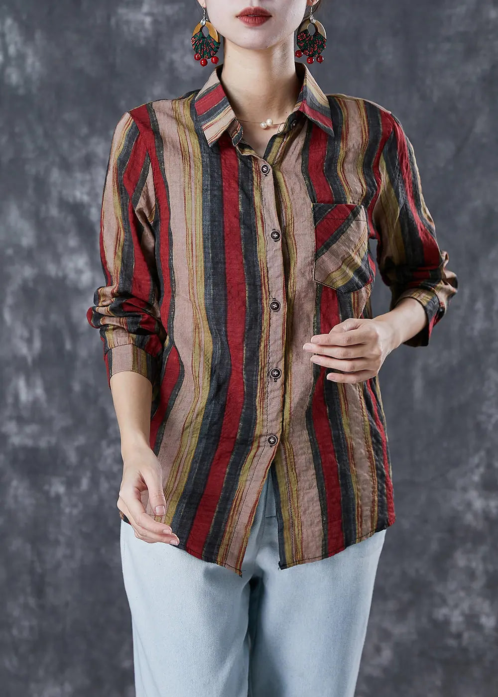 Bohemian Red Peter Pan Collar Striped Linen Shirt Top Fall Ada Fashion