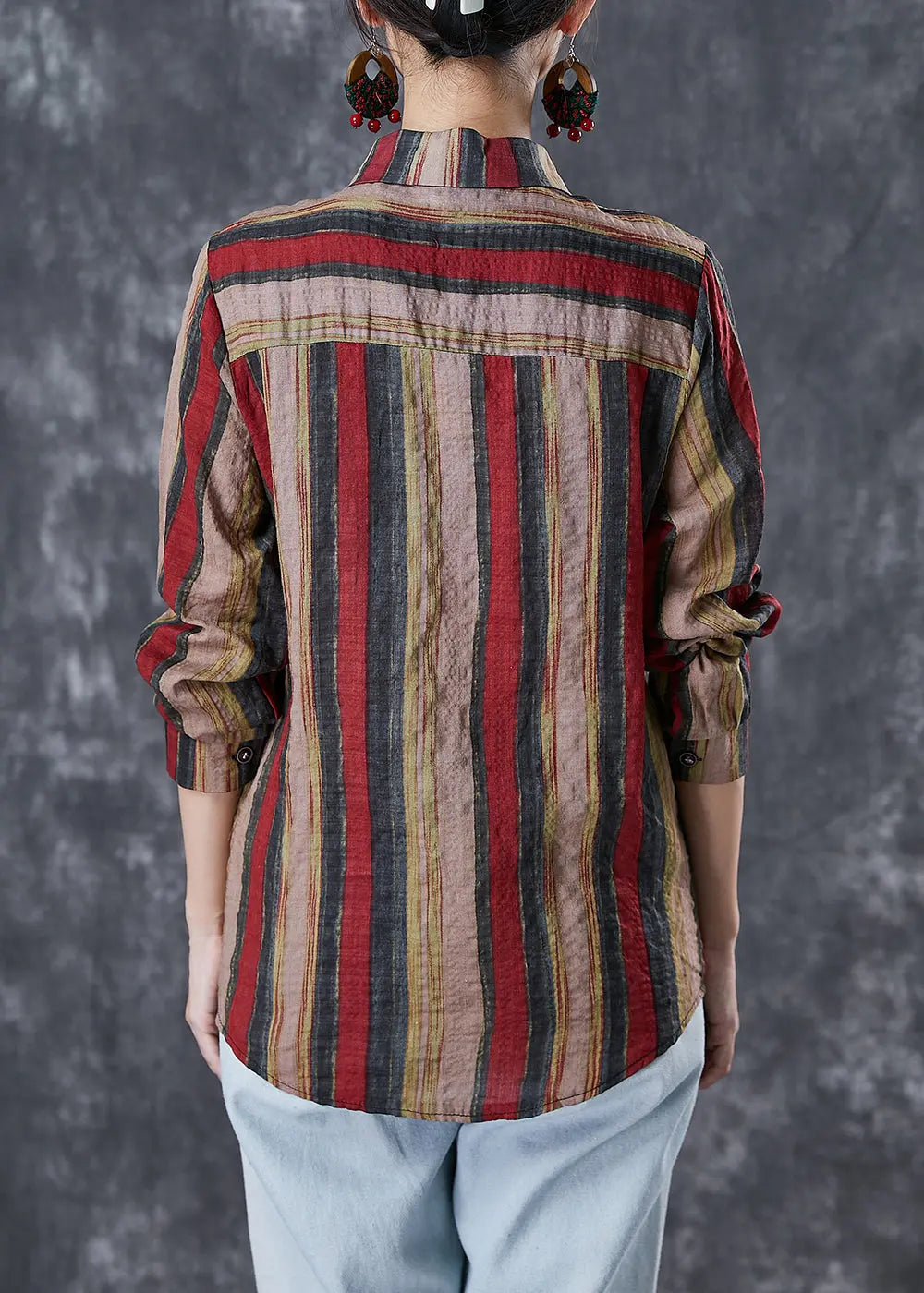 Bohemian Red Peter Pan Collar Striped Linen Shirt Top Fall Ada Fashion