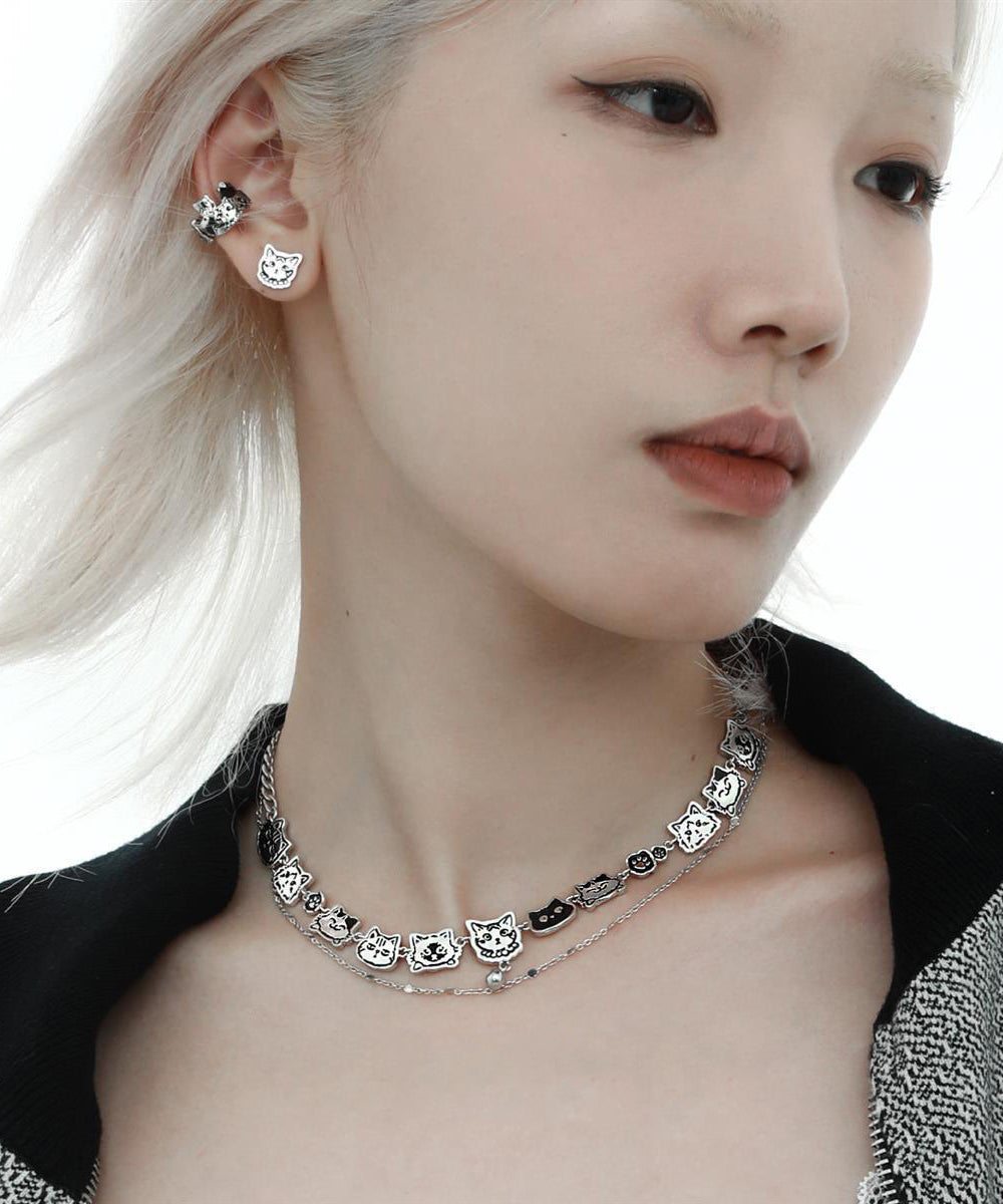 Bohemian Stainless Steel Silk Cat Necklace Double-Layer Graffiti