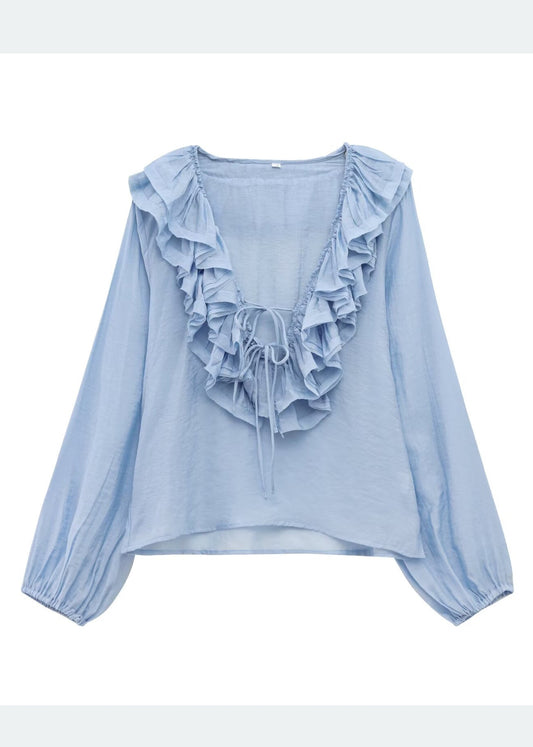 Shirt Bohemian Blue Sky Cotton Ruffled Tops Summer