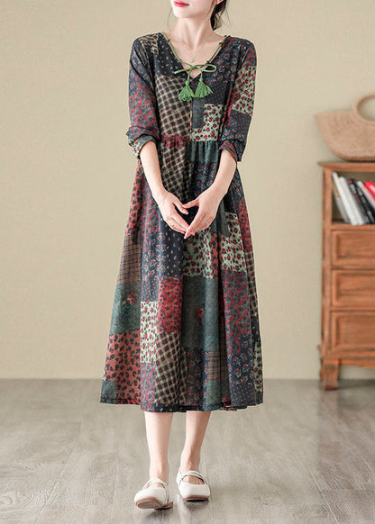 Bohemian V Neck Print Patchwork Cotton Long Dress Fall QO043