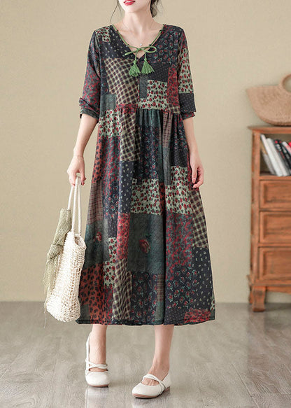 Bohemian V Neck Print Patchwork Cotton Long Dress Fall QO043