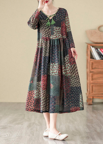 Bohemian V Neck Print Patchwork Cotton Long Dress Fall QO043