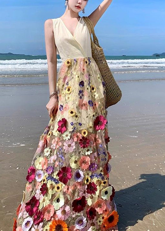 Bohemian V-Ausschnitt Tüll bestickt Patchwork Floral Tüll Maxikleid Sommer UU1024