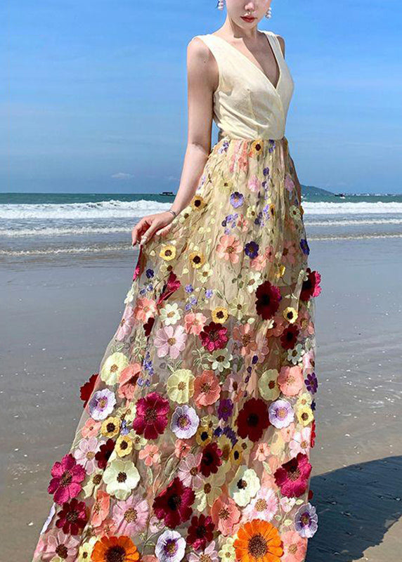 Bohemian V-Ausschnitt Tüll bestickt Patchwork Floral Tüll Maxikleid Sommer UU1024