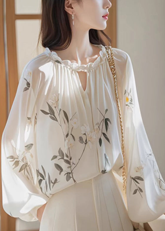 Bohemian White Ruffled Print Chiffon Shirt Fall QI008