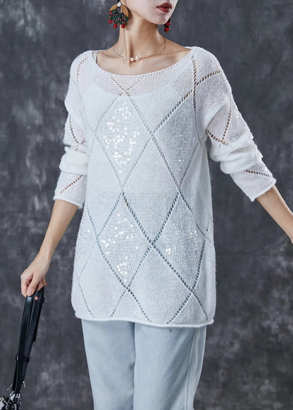 Bohemian White Sequins Hollow Out Knit Sweater Fall Ada Fashion